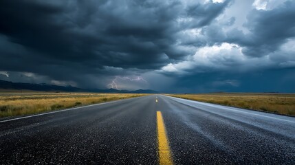 Fototapeta premium dramatic road disappearing into a stormy horizon dark clouds gather as the road stretches into the distance lightning in the distance hints at an approaching storm .