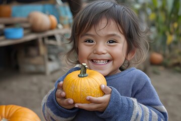 Fototapeta premium Happy toddler holding a small pumpkin and smiling at a local farm, enjoying the fall harvest season