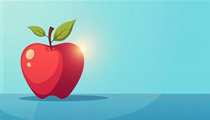 Red apple with green leaves on a blue background  
