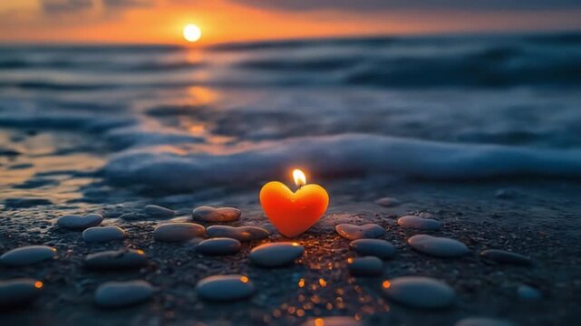 Heart candle on beach at sunset romantic love theme wallpaper background for desktop and mobile phone