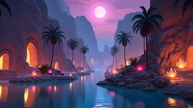 "Pink Moon Over Lake - Surreal Night Video with Palm Trees 4K"