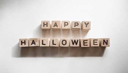 Obraz premium wooden blocks spelling happy halloween on white textured fabric with soft shadows, ideal for seasonal banner, greeting card, minimalist branding, or blog design