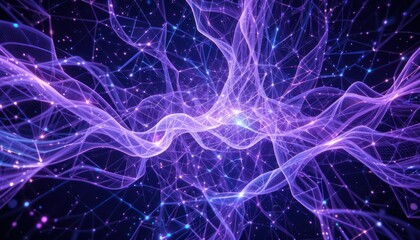 Abstract cosmic nebula, swirling purple and blue energy, glowing particles, interconnected network.