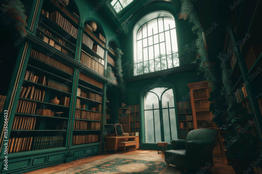 Poster green virtual library with many bookshelves, large windows, and an armchair, creating an immersive a
