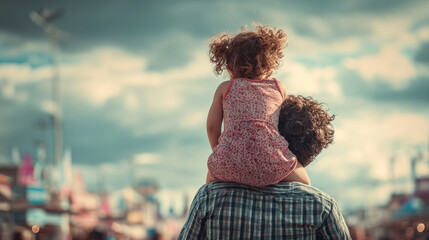 Dad lifting child onto his shoulders during a fair or outdoor event. stock image, hd quality, Father's Day