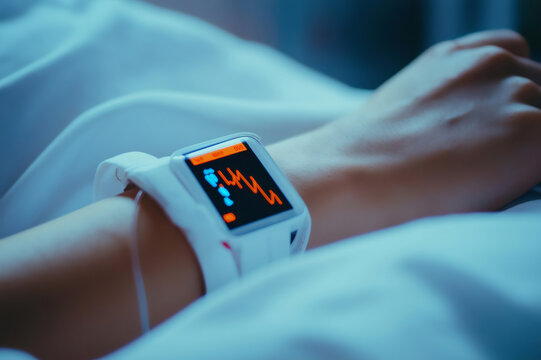 Close up of a wearable device displaying vital signs on the wrist of a patient resting in a hospital bed