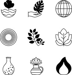 Nature and Eco Line Icon Set – Leaf, Globe, Vase, and Plant Symbols