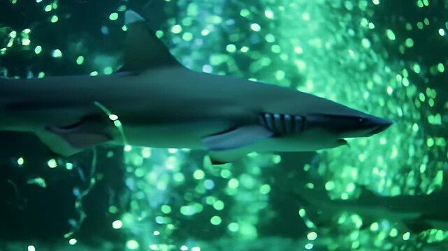 Shark Swimming in an Aquarium with Green Illuminated Bubbles Blurred Background