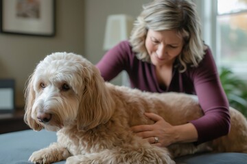 Veterinarian performing a relaxing massage on a dog's back to reduce muscle pain and improve joint mobility