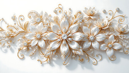 Luxury background with white flowers, gold swirls, and jeweled bird.