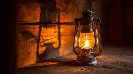 old kerosene lamp glows in a dark place against the shadows and wooden background .