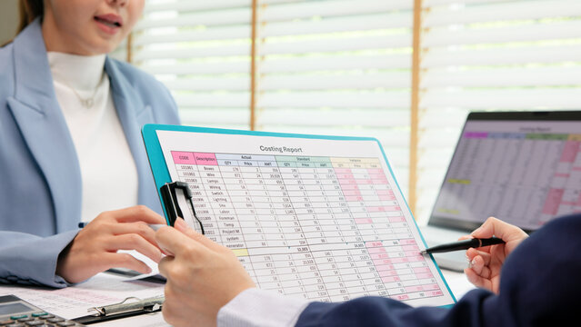 Expert woman asian people discuss review data number costing managerial account prepare monthly actual cost variance report income tax at audit office. ESG budget control ERP process service project.