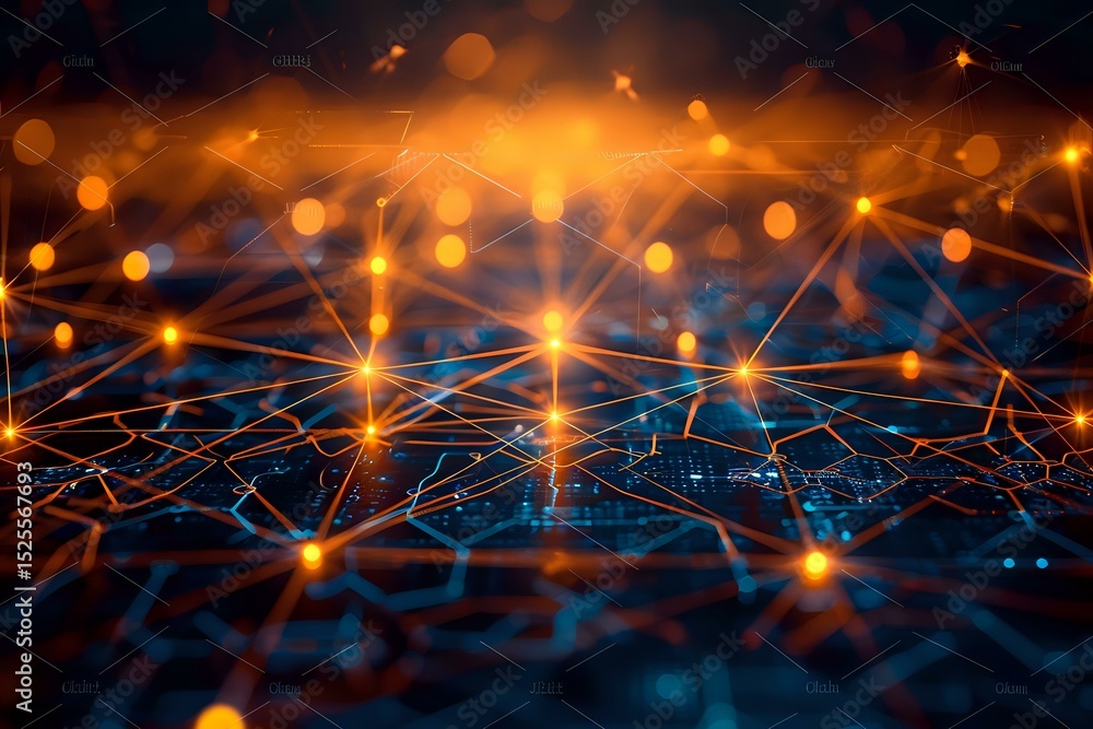 Poster glowing orange and blue network connections with light nodes forming an interconnected mesh pattern 