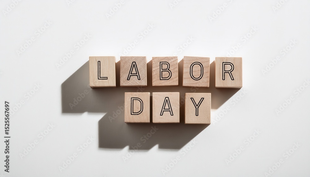 Poster wooden blocks spelling labor day in natural light casting soft shadows on white textured background,