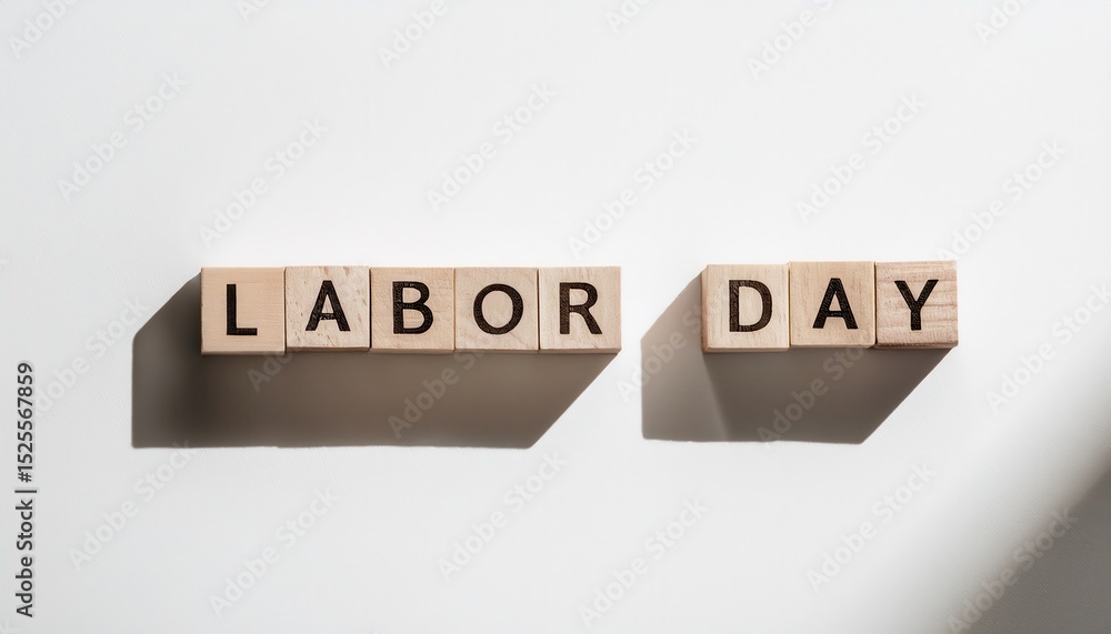 Poster wooden blocks spelling labor day in natural light casting soft shadows on white textured background,