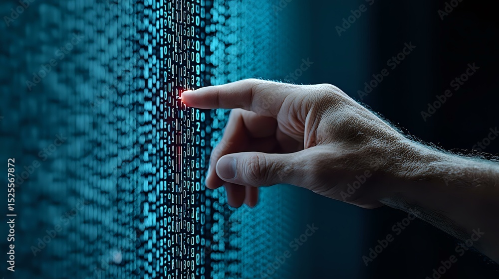 Poster male hand pointing at glowing digital binary code wall in dark blue technological environment, repre