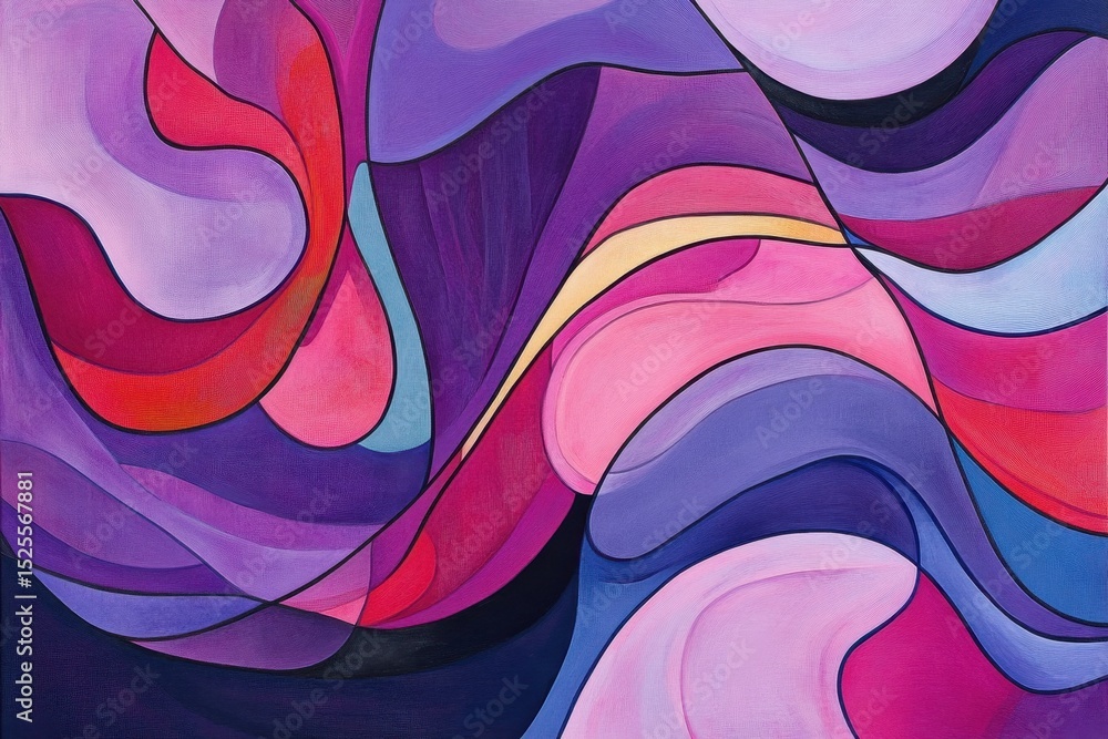 Poster Vibrant flowing lines and curves in purple and pink create a dynamic visual experience evoking motion and energy, Flowing lines and curves in vibrant purple and pink colors