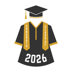 Vector Class of 2026 badge. Concept for shirt, print, seal, overlay or stamp, greeting, invitation card. Typography design- stock vector. Graduation design with graduation Cap and congrats gown
