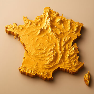Golden topographic map of France showing mountains and valleys