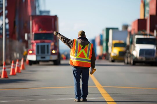 Dockworker wearing high visibility vest directing truck traffic in a busy container port, ensuring smooth operations and logistics