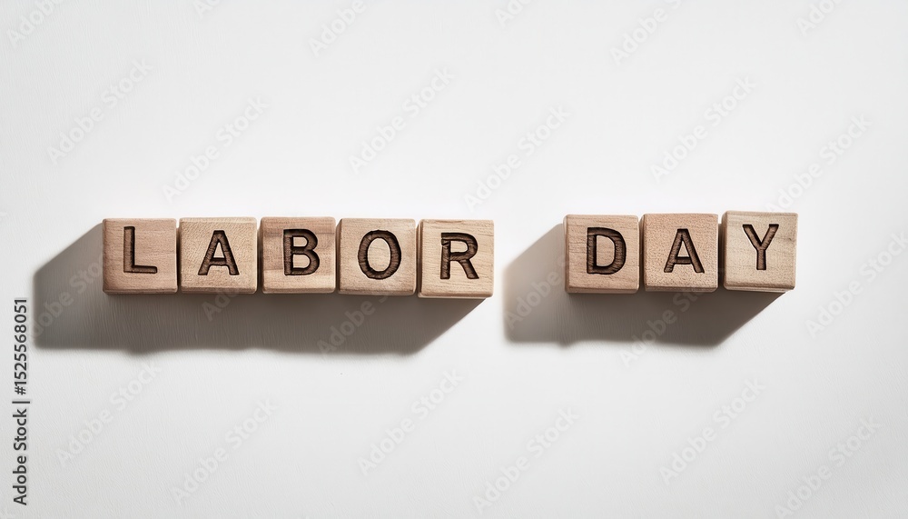 Poster wooden blocks spelling labor day in natural light casting soft shadows on white textured background,