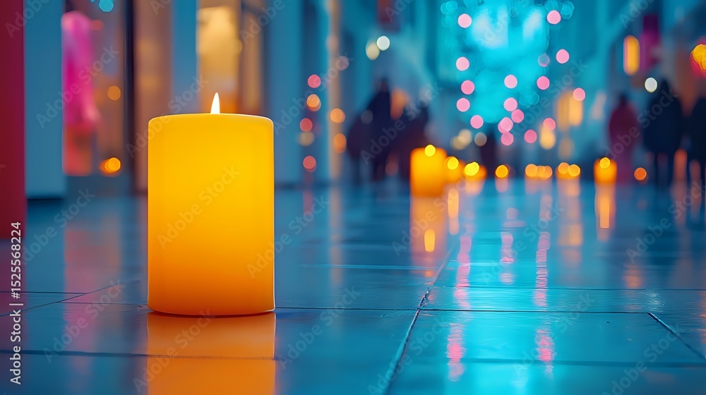 Poster glowing yellow candle on reflective floor with blurred bokeh lights creating atmospheric mood. peace