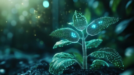Glowing Digital Plant Emerging from the Earth
