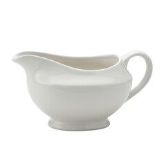 A transparent ceramic gravy boat with an oval body, wide pouring spout, and curved handle, presented on a transparent studio background with soft, diffuse lighting, concept of high-end product
