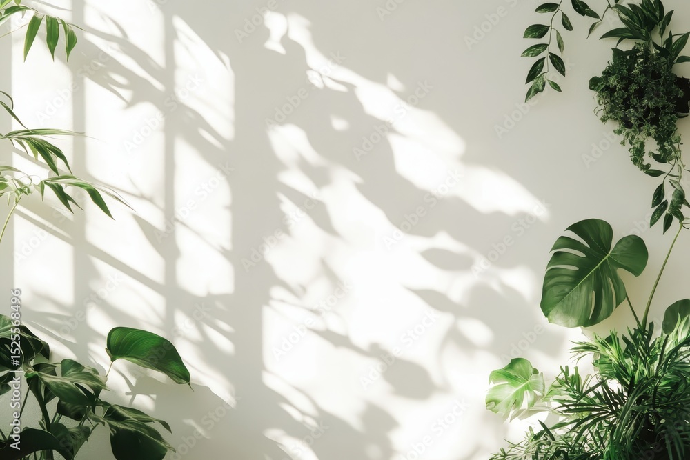 Poster shadows of leaves and plants creating patterns on a white wall in natural light, shadow overlay shad