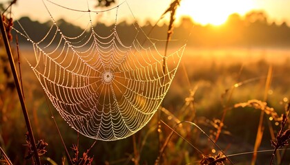 Dew-kissed spiderweb at sunrise
