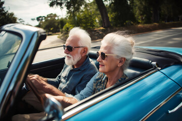 Stylish senior couple wearing sunglasses driving a vintage convertible car on a sunny day, enjoying freedom and retirement