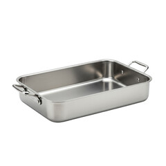 A new, clean, polished stainless steel rectangular roasting pan with sturdy integrated handles, perfectly centered on a transparent background, isolated with zero shadows. Concept for kitchenware
