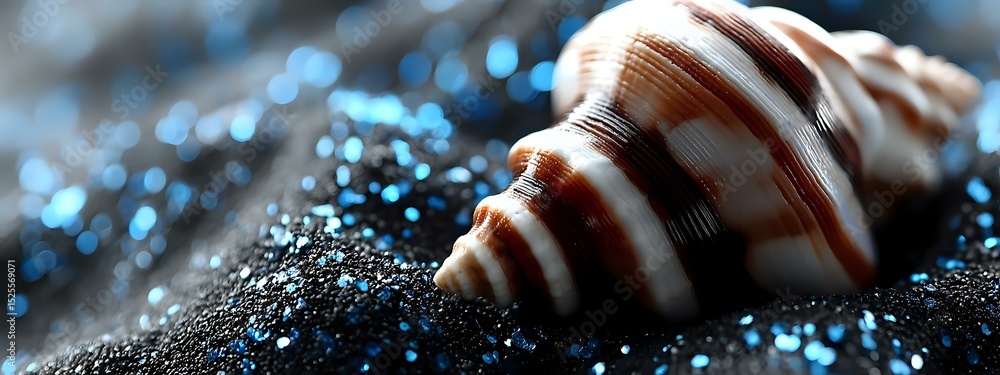 Aufkleber striped seashell on dark sand with sparkling blue bokeh lights creating magical beach atmosphere. ma