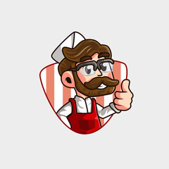 cute cartoon mascot logo of a man with glasses, curly hair, selling food and drinks