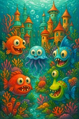 Cartoon fishes and jellyfish swimming near a colorful underwater castle