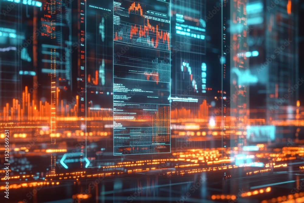 Poster financial market data displayed on a computer monitor with colorful graphs and numbers in a modern o
