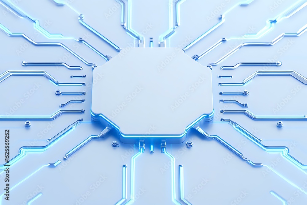 Aufkleber glowing blue circuit paths lead to central white octagonal platform against light background, creati