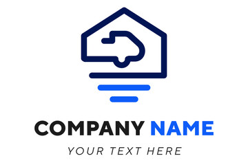 Dynamic logo showing a house with a moving truck silhouette, perfect for relocation services or moving companies. All outlines are fully editable and scalable.