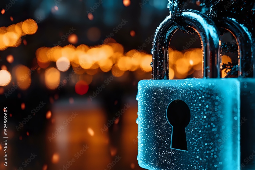 Poster wet padlock with water drops in blue light against blurred bokeh background creates atmospheric mood