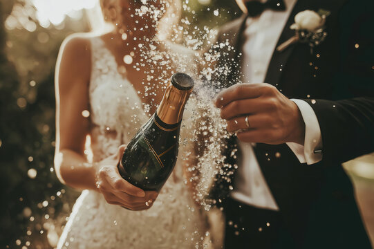 Newlywed couple popping a champagne bottle with fizz spray, celebrating their marriage in a joyful atmosphere