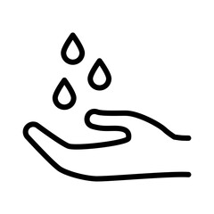 Hand with Clean Water Drops line icon – hygiene, health, conservation, sustainability, wellness, and hand washing. Black and white minimal outline vector. Editable line weight svg.