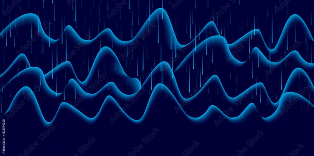 Poster blue neon wave lines with rain effect – abstract futuristic data flow.