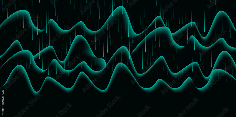 Aufkleber green neon wave lines with rain effect – abstract futuristic data flow.