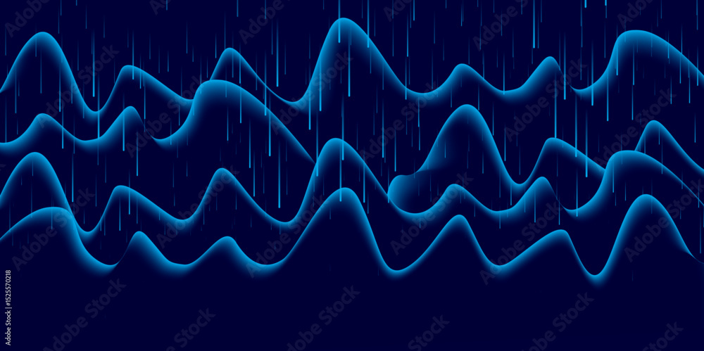 Poster blue neon wave lines with rain effect – abstract futuristic data flow.