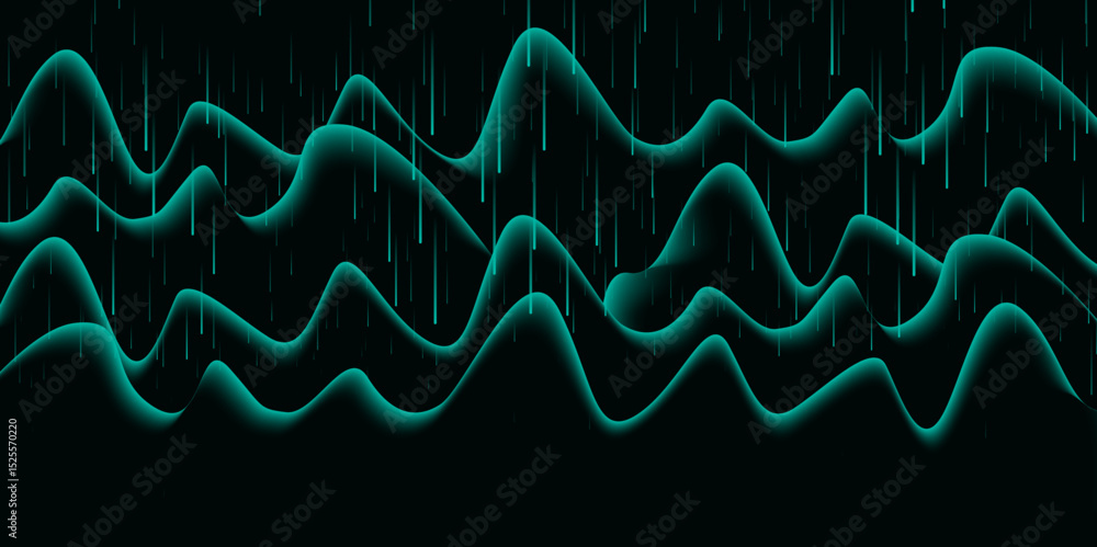 Poster green neon wave lines with rain effect – abstract futuristic data flow.
