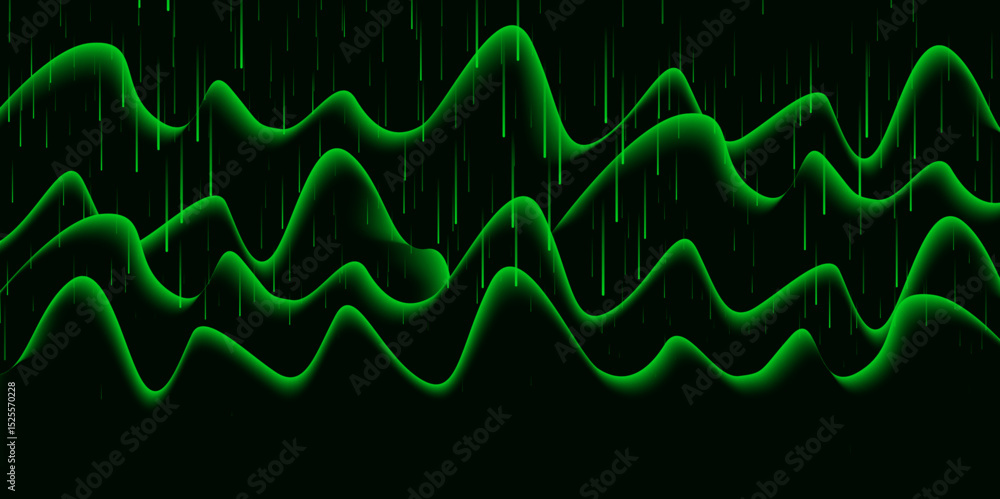 Aufkleber green neon wave lines with rain effect – abstract futuristic data flow.