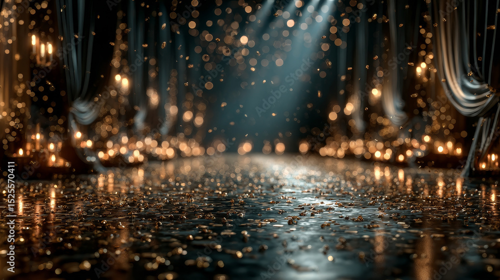 Poster black podium with glowing bokeh effect on dark background - shimmering stage platform illuminated by