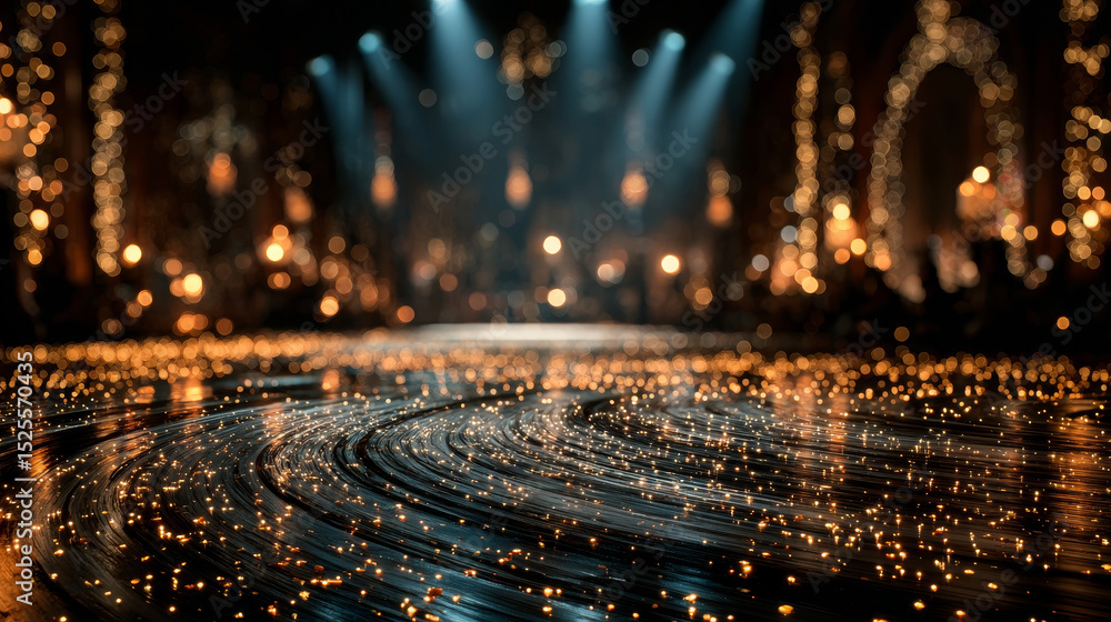 Aufkleber black podium with glowing bokeh effect on dark background - shimmering stage platform illuminated by