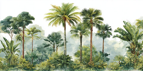 Wallpaper illustration painted in watercolour. Picturesque tropical setting with palm trees, tropical vegetation. For texture background photo wallpaper or banner.