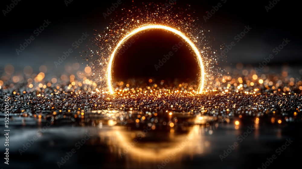 Poster golden glowing circle frame with glitter sparkle on black background. realistic vector illustration 